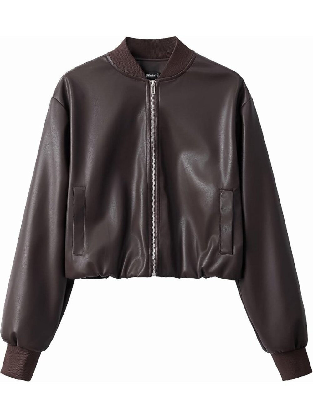 Women's Chocolate Leather Cropped Slightly Stretch Zip Up with Cotton Ribbed